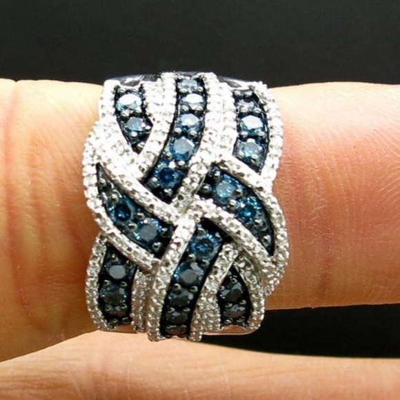 Silver Blue Wide Band Cocktail Ring Size 8 wave Silver Blue Stones - Picture 3 of 11